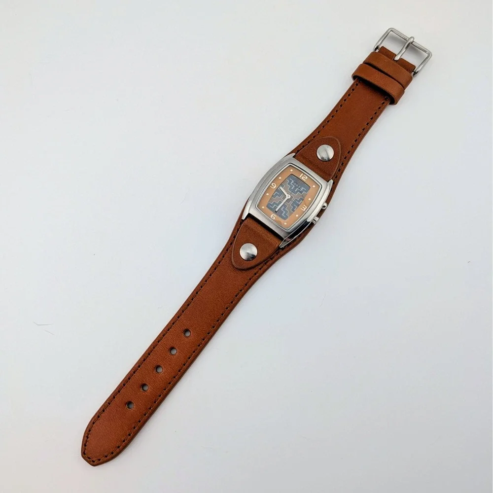 Fossil JR-8185 Y2K Flip Dial Unisex Cuff Watch Tan Leather Retro Futuristic 30mm